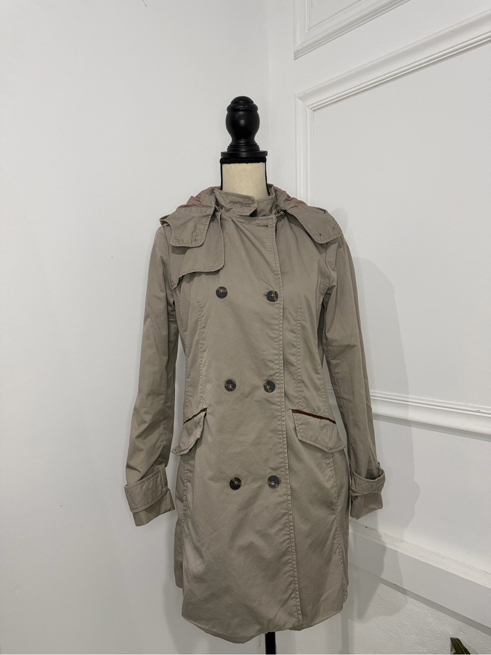 Zara Hooded Double-Breasted Trench Coat - Taupe